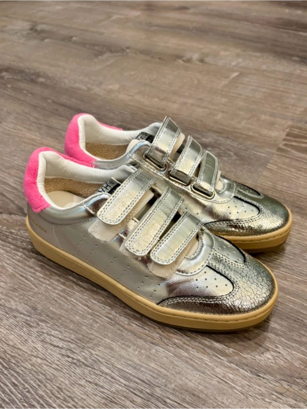 Women’s Metallic Silver Velcro Sneakers with Pink Heel- NEW IN BOX